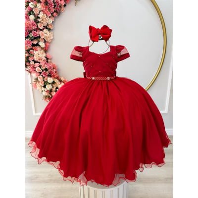 Vestido Infantil Vermelho C/ Busto Nervura C/ Pérolas Damas Vestido Infantil Vermelho C/ Busto Nervura C/ Pérolas Damas