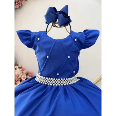 Vestido Infantil Longo Azul Royal Busto Nervura Daminhas
