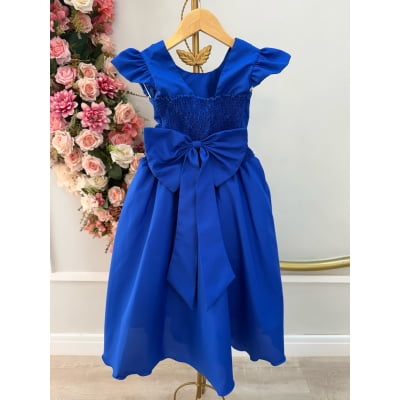 Vestido Infantil Longo Azul Royal Busto Nervura Daminhas