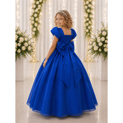 Vestido Infantil Longo Azul Royal Busto Nervura Daminhas