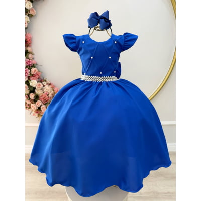 Vestido Infantil Longo Azul Royal Busto Nervura Daminhas