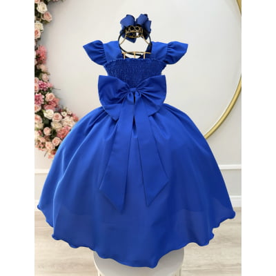 Vestido Infantil Longo Azul Royal Busto Nervura Daminhas