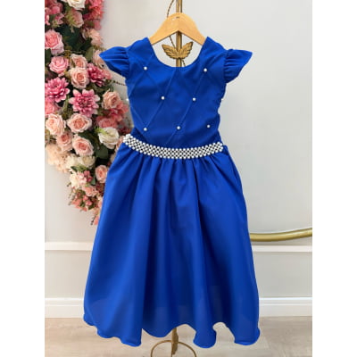 Vestido Infantil Longo Azul Royal Busto Nervura Daminhas