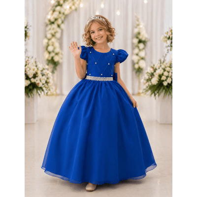 Vestido Longo Daminhas, Infantil Azul Royal em Poliéster Busto Nervura Daminhas Vestido Longo Daminhas, Infantil Azul Royal em Poliéster Busto Nervura Daminhas
