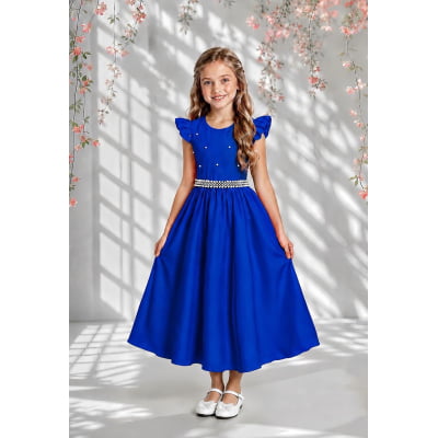 Vestido Longo Daminhas, Infantil Azul Royal em Poliéster Busto Nervura Daminhas Vestido Longo Daminhas, Infantil Azul Royal em Poliéster Busto Nervura Daminhas