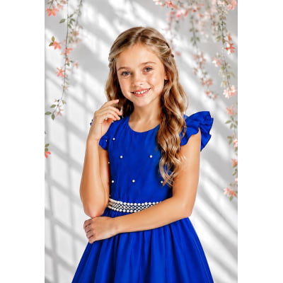 Vestido Longo Daminhas, Infantil Azul Royal em Poliéster Busto Nervura Daminhas