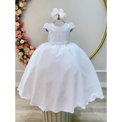 Vestido Infantil Longo Branco Busto C/ Renda Casamentos Luxo