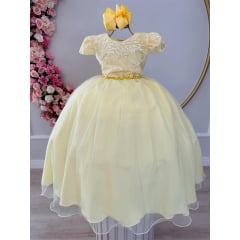 Vestido Infantil Amarelo Damas Luxo C/ Renda e Pérolas