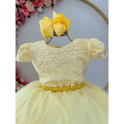 Vestido Infantil Amarelo Damas Luxo C/ Renda e Pérolas