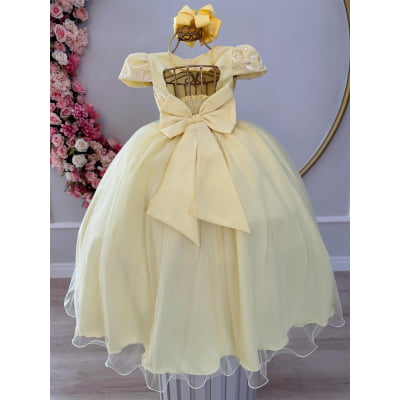 Vestido Infantil Amarelo Damas Luxo C/ Renda e Pérolas
