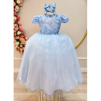 Vestido Infantil Azul Bebê Busto C/ Renda Festas Casamento