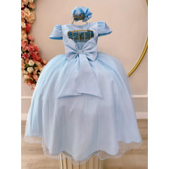 Vestido Infantil Azul Bebê Damas Luxo C/ Renda e Pérolas