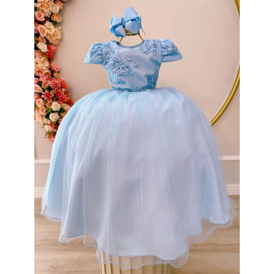Vestido Infantil Azul Bebê Damas Luxo C/ Renda e Pérolas