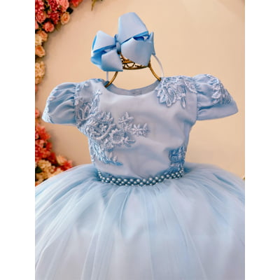 Vestido Infantil Azul Bebê Damas Luxo C/ Renda e Pérolas