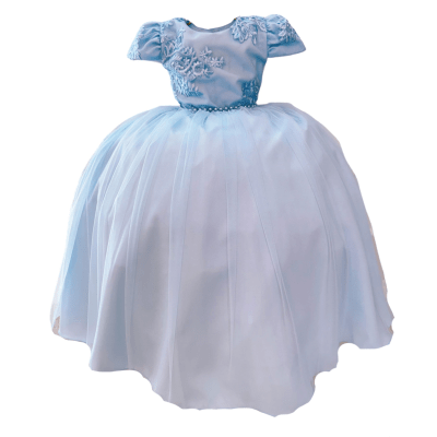 Vestido Infantil Azul Bebê Damas Luxo C/ Renda e Pérolas