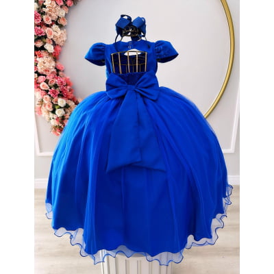 Vestido Infantil Azul Royal C/ Renda e Cinto Pérolas Damas