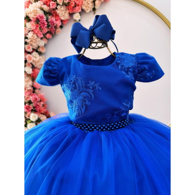 Vestido Infantil Azul Royal C/ Renda e Cinto Pérolas Damas