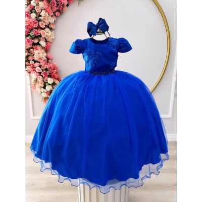 Vestido Infantil Azul Royal C/ Renda e Cinto Pérolas Damas