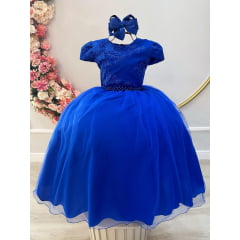 Vestido Infantil Azul Royal Damas Luxo C/ Renda Metalizada