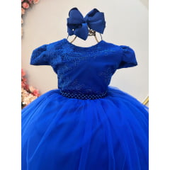 Vestido Infantil Azul Royal Damas Luxo C/ Renda Metalizada