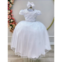 Vestido Infantil Branco Busto C/ Renda Luxo Casamento Festas