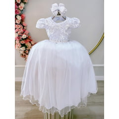 Vestido Infantil Branco Busto C/ Renda Luxo Festas Casamento