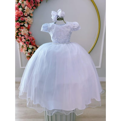 Vestido Infantil Branco C/ Renda e Cinto de Pérolas