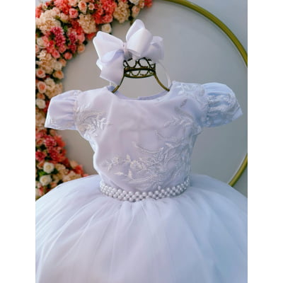 Vestido Infantil Branco C/ Renda e Cinto de Pérolas