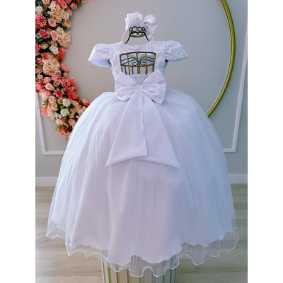 Vestido Infantil Branco C/ Renda e Cinto de Pérolas