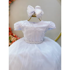 Vestido Infantil Damas Branco C/ Renda e Cinto de Pérolas
