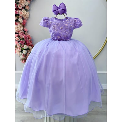 Vestido Infantil Lilás Damas Luxo C/ Renda e Pérolas