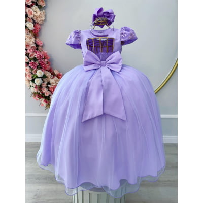 Vestido Infantil Lilás Damas Luxo C/ Renda e Pérolas