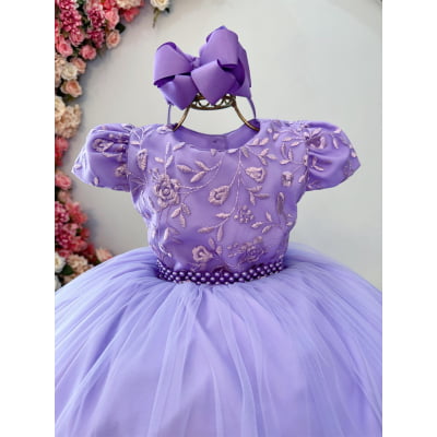 Vestido Infantil Lilás Damas Luxo C/ Renda e Pérolas