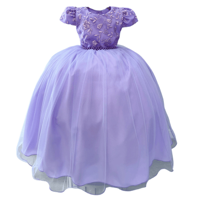 Vestido Infantil Lilás Damas Luxo C/ Renda e Pérolas