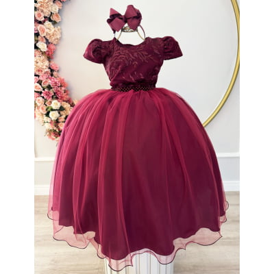 Vestido Infantil Marsala Damas Luxo C/ Renda e Pérolas
