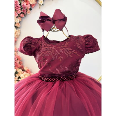 Vestido Infantil Marsala Damas Luxo C/ Renda e Pérolas