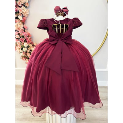 Vestido Infantil Marsala Damas Luxo C/ Renda e Pérolas