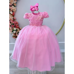 Vestido Infantil Rosa Daminhas C/ Renda e Cinto de Pérolas