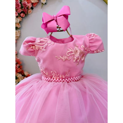 Vestido Infantil Rosa Daminhas C/ Renda e Cinto de Pérolas