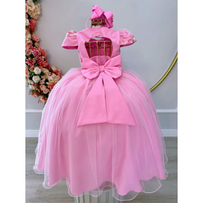 Vestido Infantil Rosa Daminhas C/ Renda e Cinto de Pérolas