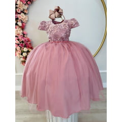 Vestido Infantil Rose Damas Luxo C/ Renda e Pérolas