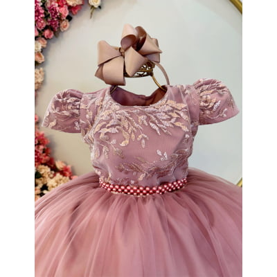 Vestido Infantil Rose Damas Luxo C/ Renda e Pérolas