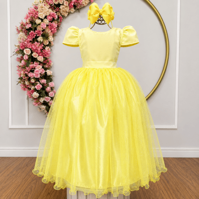 Vestido Infantil Amarelo Longo de Princesa Brilhante e Mangas