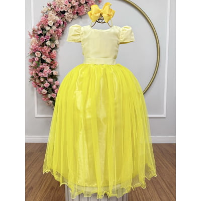 Vestido Infantil Amarelo Longo de Princesa Brilhante e Mangas