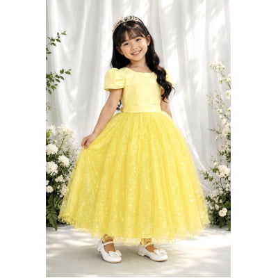 Vestido Infantil Amarelo Longo de Princesa Brilhante e Mangas