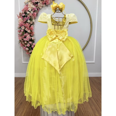 Vestido Infantil Amarelo Longo de Princesa Brilhante e Mangas