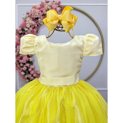 Vestido Infantil Amarelo Longo de Princesa Brilhante e Mangas