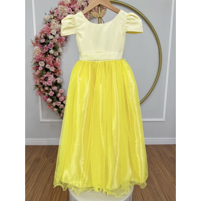 Vestido Infantil Amarelo Longo de Princesa Brilhante e Mangas
