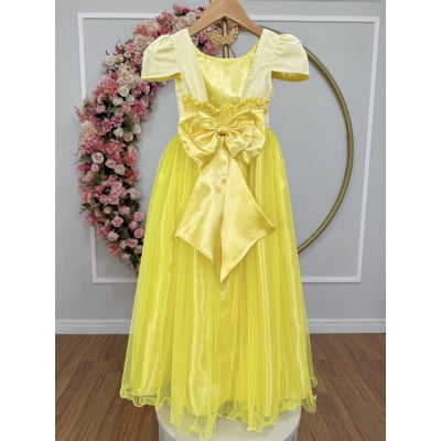 Vestido Infantil Amarelo Longo de Princesa Brilhante e Mangas