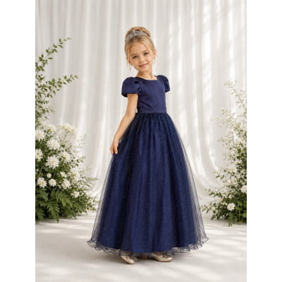 Vestido Infantil Azul Marinho Longo de Princesa Brilhante e Mangas